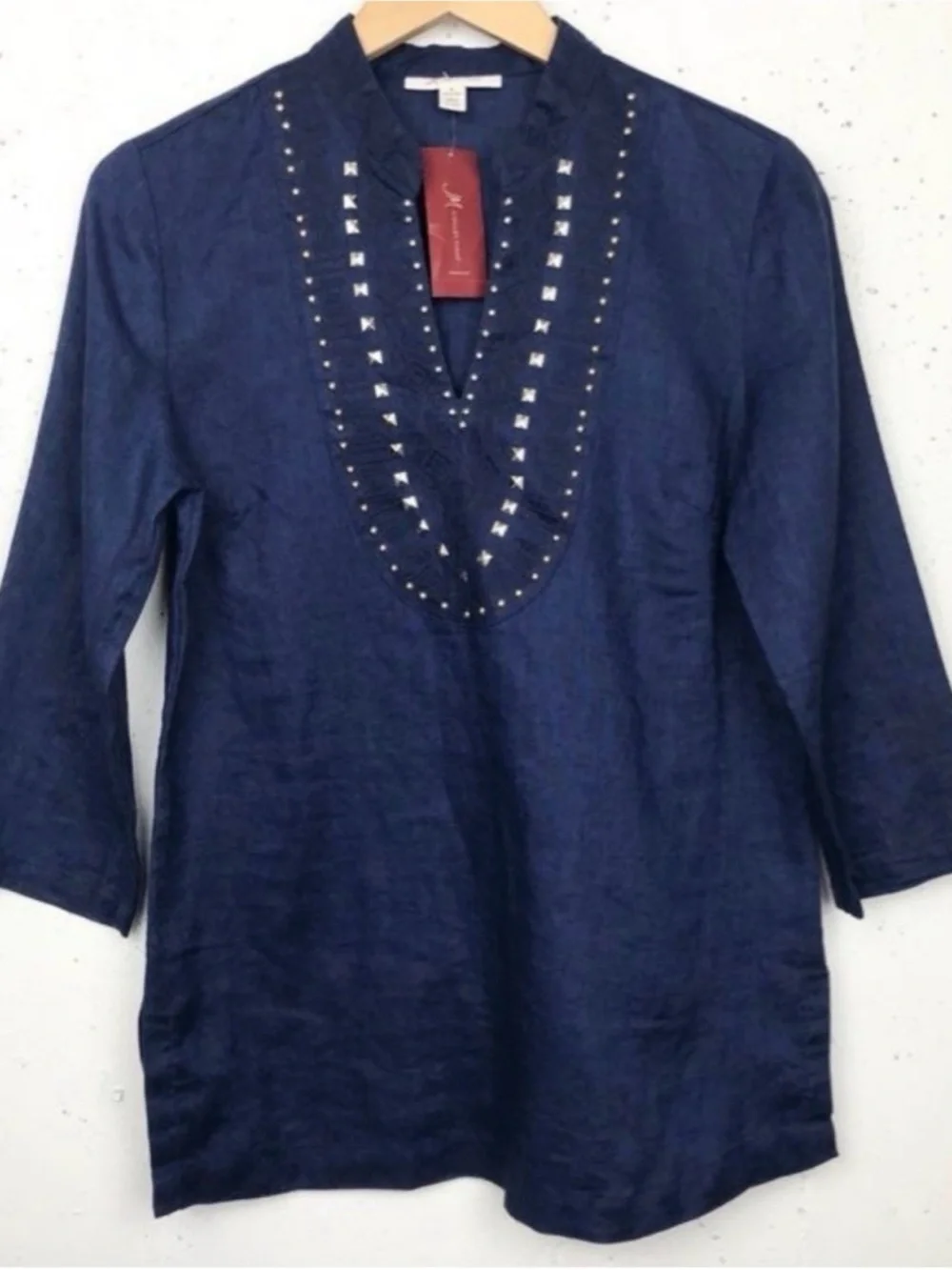 JM Collection Navy Embellished Linen Tunic - Picture 10 of 10